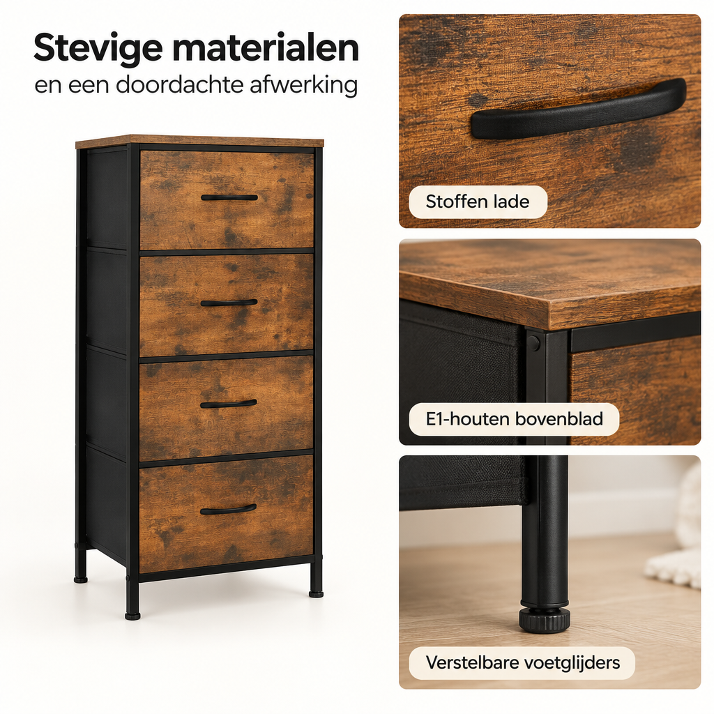 Detail van materiaal en afwerking van smalle ladekast met 4 stoffen lades
