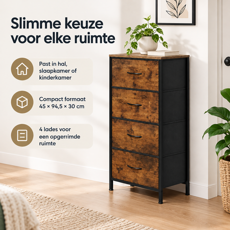 Praktische toepassing en keuzehulp voor smalle ladekast met 4 stoffen lades