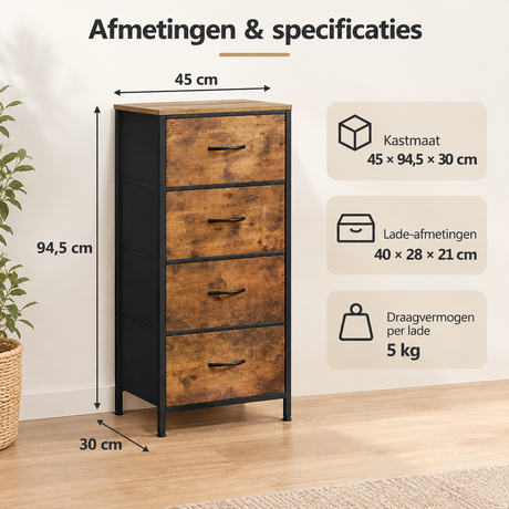 Afmetingen en productspecificaties van smalle ladekast met 4 stoffen lades