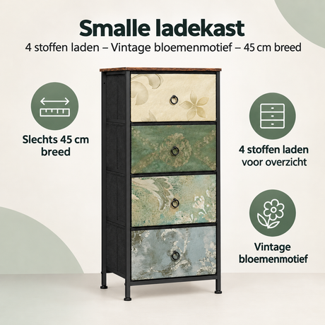 Smalle BukkitBow ladekast met vier stoffen laden en vintage bloemenmotief, 45 cm breed, ideaal voor compacte opbergruimte.