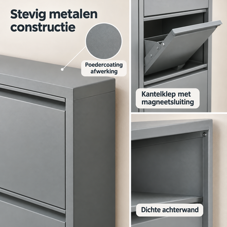 Detail van materiaal en afwerking van smalle metalen schoenenkast