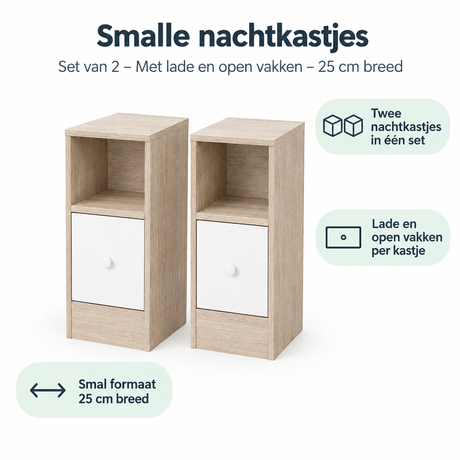 Set van 2 smalle nachtkastjes van BukkitBow met lade en open vakken, 25 cm breed, geschikt voor naast het bed.
