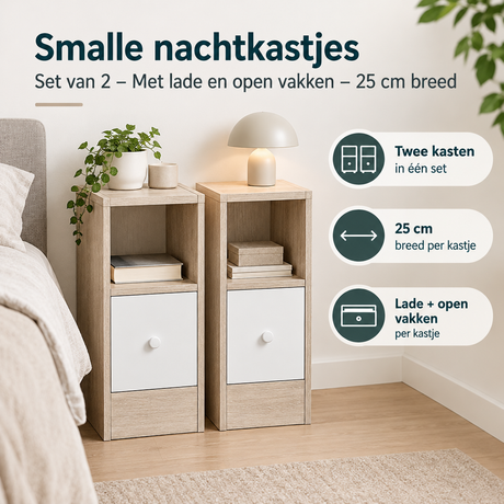 Set van 2 smalle nachtkastjes van BukkitBow, 25 cm breed met lade en open vakken voor praktische opbergruimte.