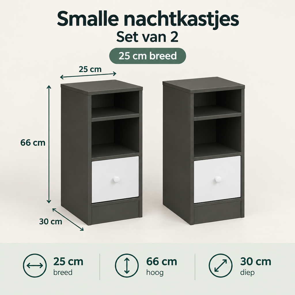 Afmetingen en productspecificaties van smalle nachtkastjes set van 2