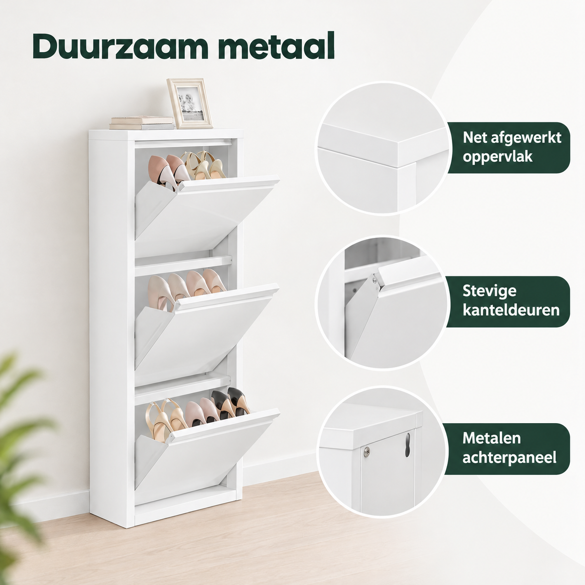 Detail van materiaal en afwerking van smalle schoenenkast