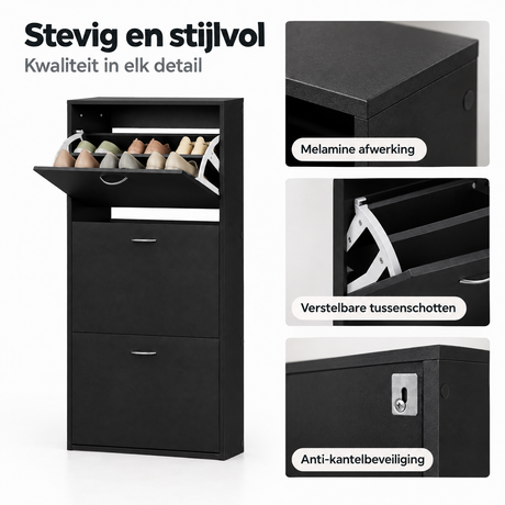 Detail van materiaal en afwerking van smalle schoenenkast