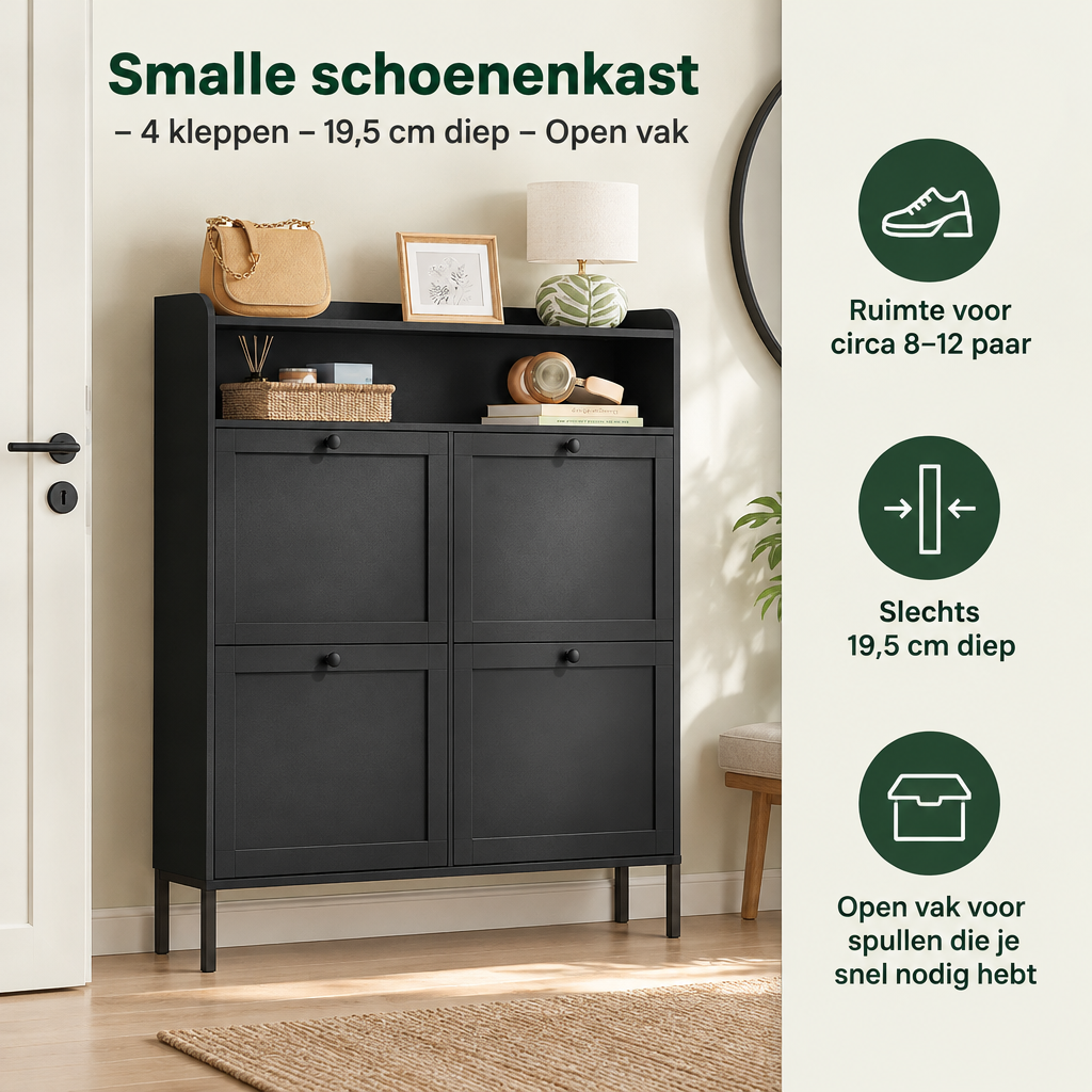 Praktische toepassing en keuzehulp voor smalle schoenenkast