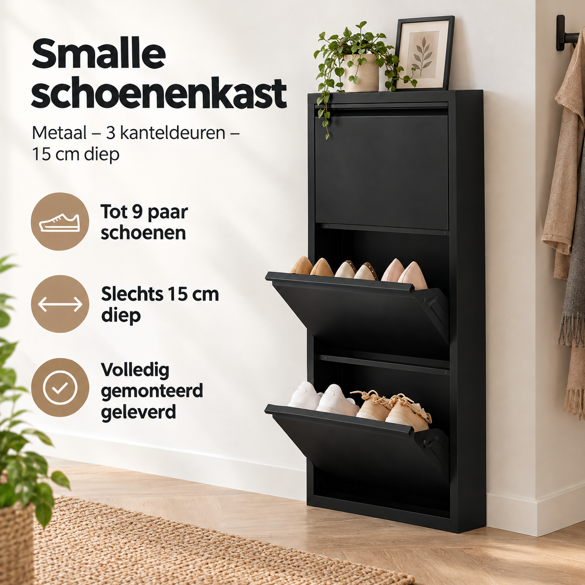 Praktische toepassing en keuzehulp voor smalle schoenenkast