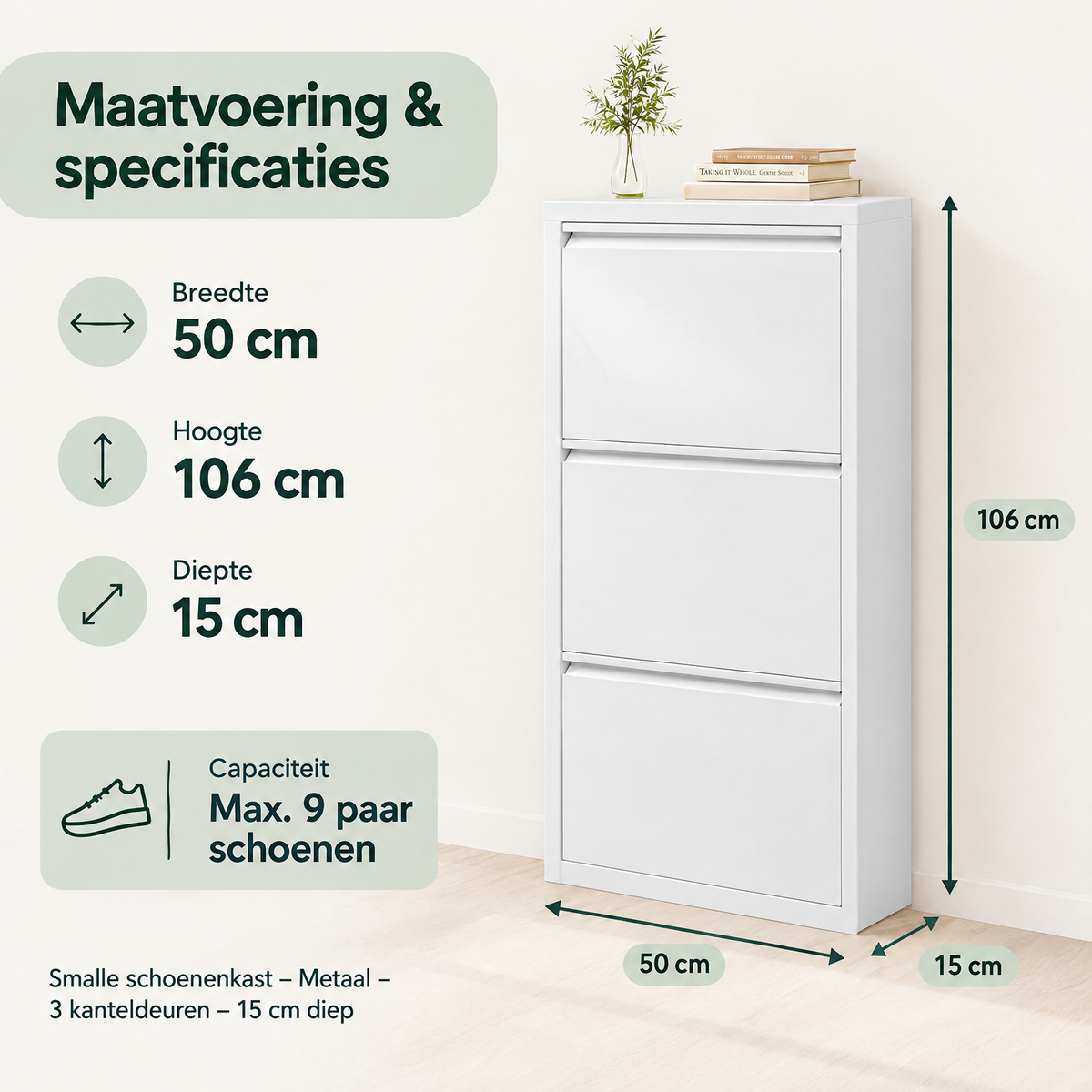 Afmetingen en productspecificaties van smalle schoenenkast
