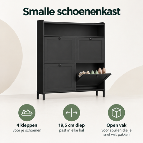 Overzicht van smalle schoenenkast met de belangrijkste productvoordelen