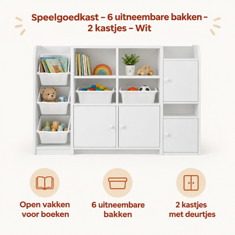 Witte speelgoedkast van BukkitBow met 6 uitneembare bakken en 2 kastjes, ideaal voor georganiseerde kinderopvang.