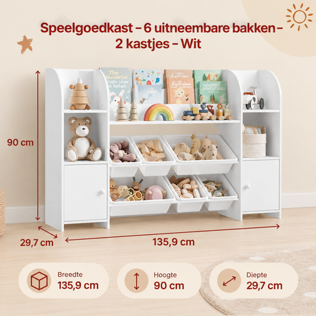 Witte speelgoedkast van BukkitBow met 6 uitneembare bakken en 2 kastjes, ideale opbergoplossing voor kinderkamers.