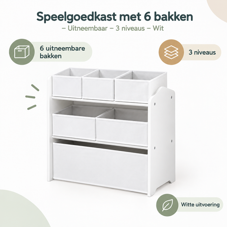 Witte speelgoedkast van BukkitBow met 6 uitneembare bakken en 3 niveaus voor overzichtelijke speelgoedopslag