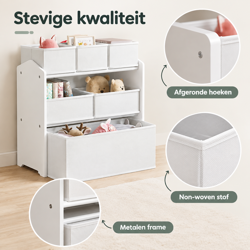 Detail van materiaal en afwerking van speelgoedkast met 6 bakken