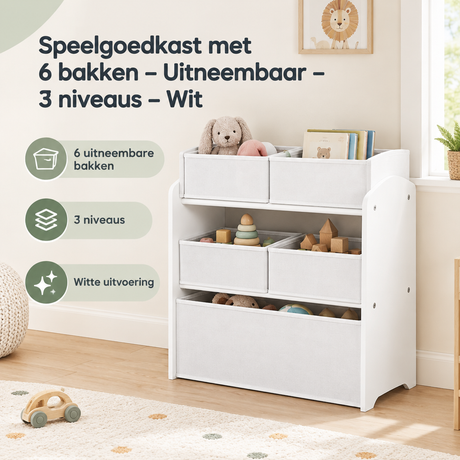 Witte speelgoedkast met 6 uitneembare bakken, 3 niveaus, van BukkitBow, praktische opbergoplossing voor kinderspeelgoed