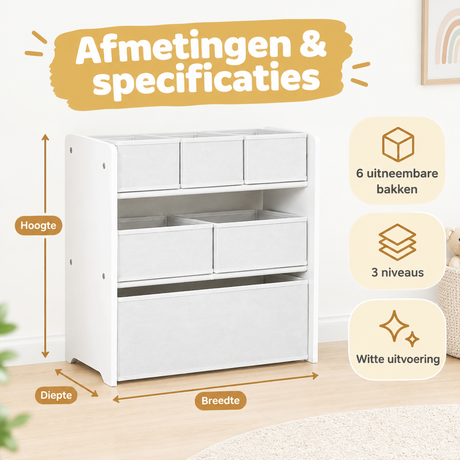 Witte speelgoedkast met 6 uitneembare bakken en 3 niveaus, ideaal voor opbergruimte en organisatie.