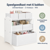 Overzicht van speelgoedkast met 6 bakken met de belangrijkste productvoordelen