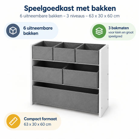 BukkitBow speelgoedkast met 6 uitneembare bakken en 3 niveaus, afmeting 63x30x60 cm, geschikt voor kinderkamer opbergruimte