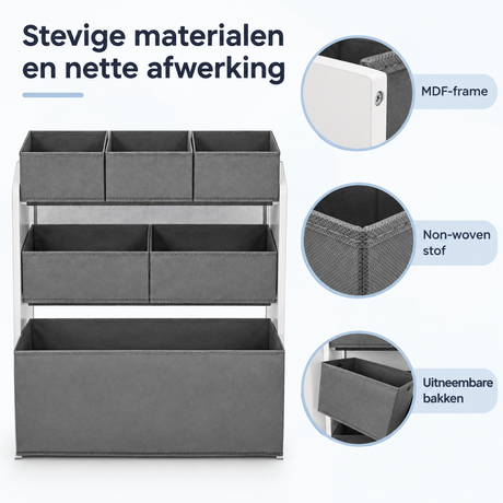 BukkitBow speelgoedkast met 6 uitneembare bakken, 3 niveaus, afmetingen 63x30x60 cm, gemaakt van stevig materiaal.