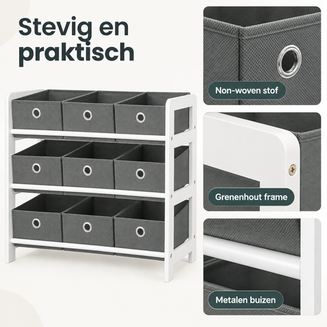 Witte en grijze speelgoedkast met 9 uitneembare stoffen bakken, BukkitBow, afmeting 63,5x29,5x58 cm, geschikt voor kinderkamer.