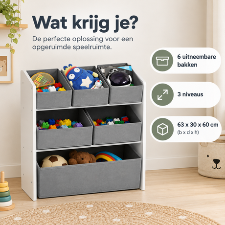 BukkitBow speelgoedkast met 6 uitneembare bakken en 3 niveaus, afmetingen 63x30x60 cm, praktische opbergoplossing voor speelgoed.