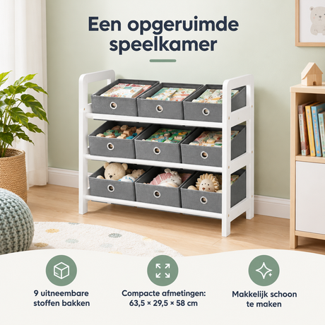 Witte-grijze speelgoedkast met 9 uitneembare stoffen bakken van BukkitBow, afmetingen 63,5x29,5x58 cm, praktische opbergoplossing.