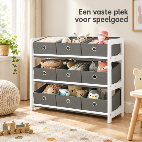 Witte en grijze speelgoedkast met 9 uitneembare stoffen bakken, BukkitBow, 63,5x29,5x58 cm, geschikt voor kinderkamers