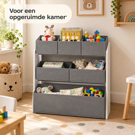 BukkitBow speelgoedkast met 6 uitneembare bakken, 3 niveaus en afmetingen 63x30x60 cm in een speelse kinderkamer.