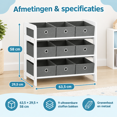 Witte en grijze speelgoedkast van BukkitBow met 9 uitneembare stoffen bakken, afmetingen 63,5x29,5x58 cm.
