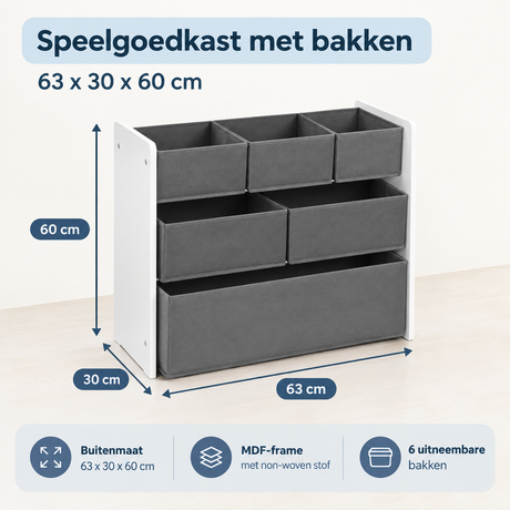 BukkitBow speelgoedkast met 6 uitneembare bakken en 3 niveaus, afmetingen 63x30x60 cm, geschikt voor kinderopslag.