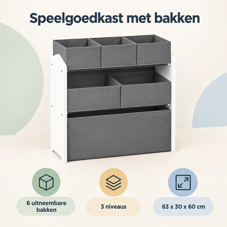 BukkitBow speelgoedkast met 6 uitneembare bakken, 3 niveaus en afmetingen 63x30x60 cm, overzicht van kernvoordelen.