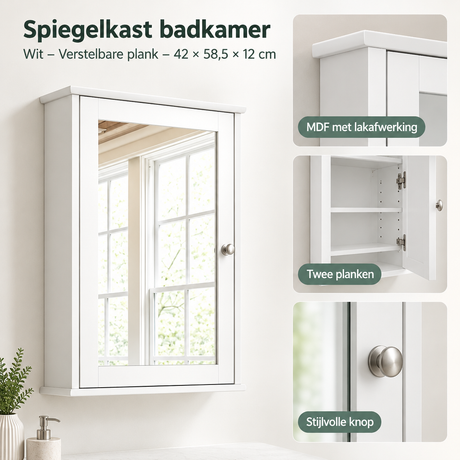 Witte badkamer spiegelkast van BukkitBow met verstelbare plank en gladde afwerking, afmetingen 42x58,5x12 cm, detail van het materiaal