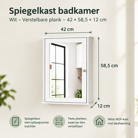Witte badkamer spiegelkast van BukkitBow met verstelbare plank, afmetingen 42x58,5x12 cm, voor badkameropbergruimte.