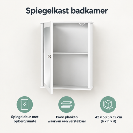 Witte badkamer spiegelkast van BukkitBow met verstelbare plank en afmetingen 42x58,5x12 cm, overzicht van kernvoordelen.