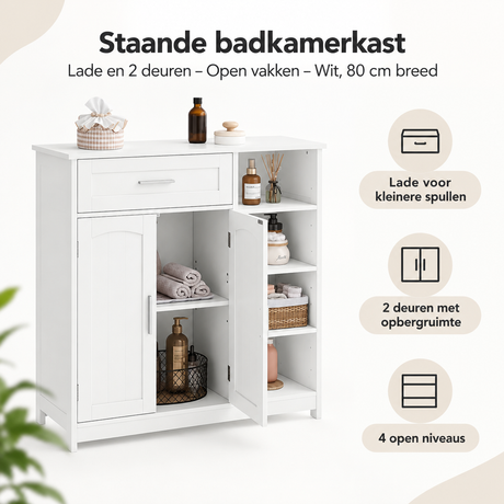 Witte staande badkamerkast van BukkitBow met 2 deuren, lade en open vakken, 80 cm breed voor opbergruimte in de badkamer