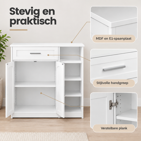 Witte staande badkamerkast van BukkitBow met lade, twee deuren en open vakken, 80 cm breed, stevig en modern ontworpen.