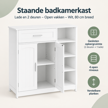 Witte staande badkamerkast van BukkitBow met 2 deuren, lade en open vakken, 80 cm breed, voor opbergruimte in de badkamer.