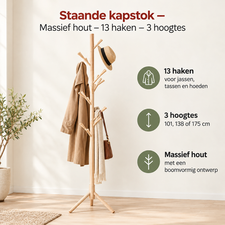 Massieve houten staande kapstok van BukkitBow met 13 haken en 3 hoogtes voor elegante garderobe opslag.