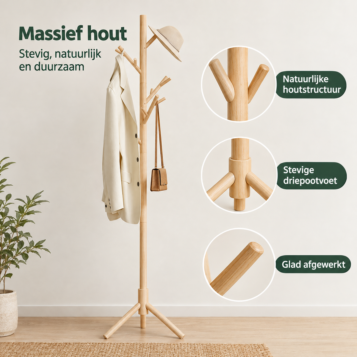 Detail van materiaal en afwerking van staande kapstok