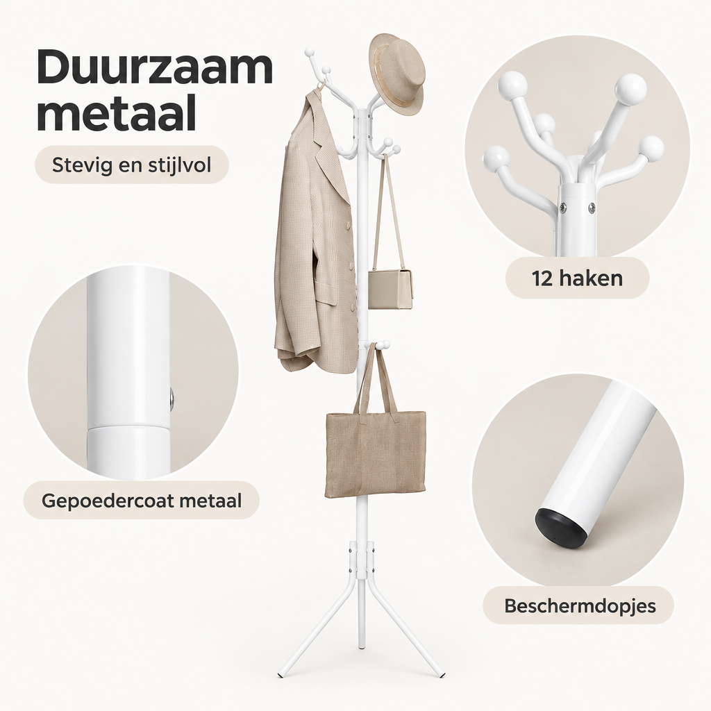 Detail van materiaal en afwerking van staande kapstok