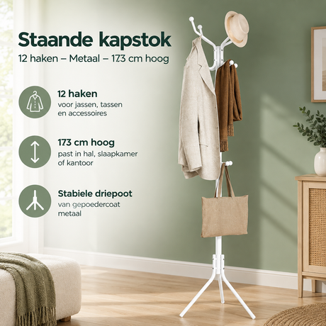 Staande kapstok van metaal met 12 haken, 173 cm hoog, praktisch en stevig voor jassen en accessoires.