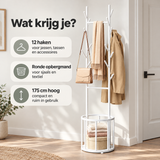 Staande kapstok van BukkitBow met 12 haken en opbergmand, 175 cm hoog, gemaakt van metaal, geschikt voor entree of hal.