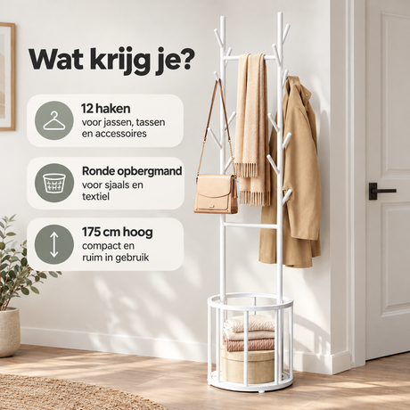 Staande kapstok van BukkitBow met 12 haken en opbergmand, 175 cm hoog, gemaakt van metaal, geschikt voor entree of hal.
