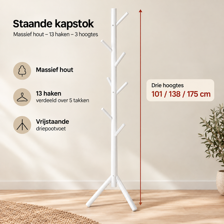 Massieve houten kapstok van BukkitBow met 13 haken en 3 hoogtes voor een praktische en stijlvolle opbergruimte.
