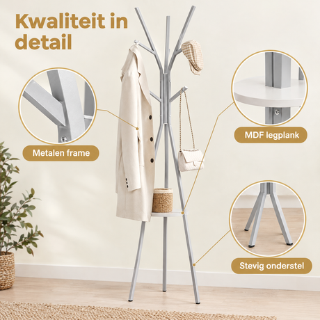 Detail van materiaal en afwerking van staande kapstok met plank