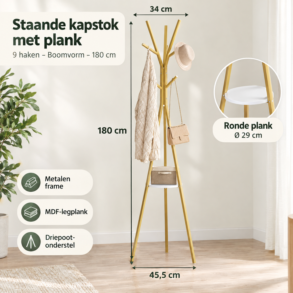 Afmetingen en productspecificaties van staande kapstok met plank