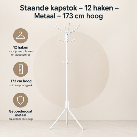 Staande kapstok van BukkitBow met 12 haken en metalen constructie, 173 cm hoog, geschikt voor entree of gang.
