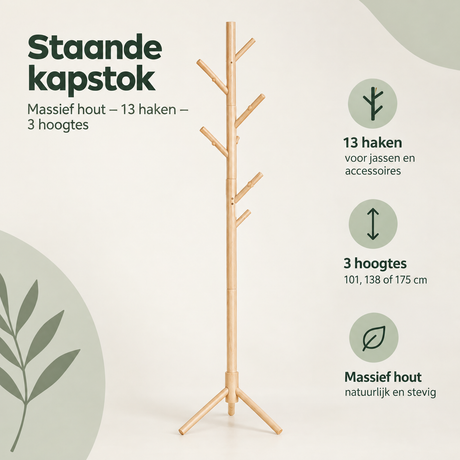 Massieve houten kapstok van BukkitBow met 13 haken en 3 hoogtes, overzicht van kernvoordelen in de afbeelding