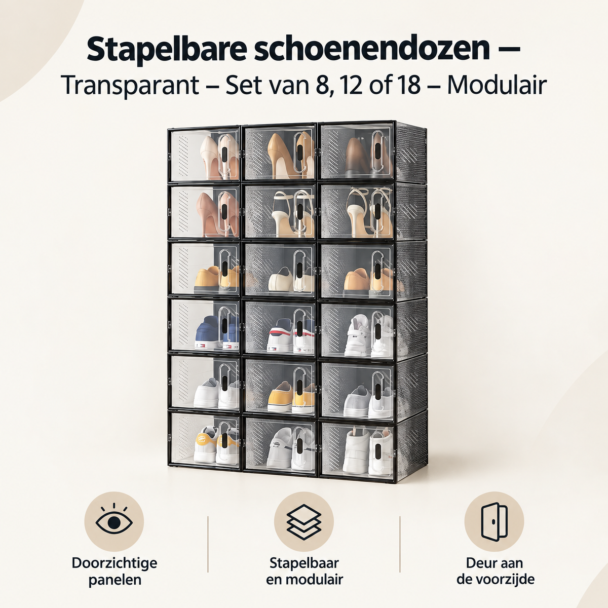 Overzicht van stapelbare schoenendozen met de belangrijkste productvoordelen