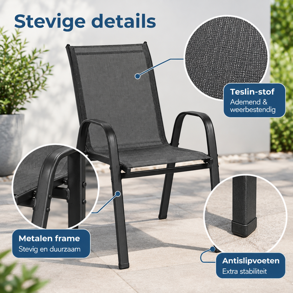 Detail van materiaal en afwerking van stapelbare tuinstoelen